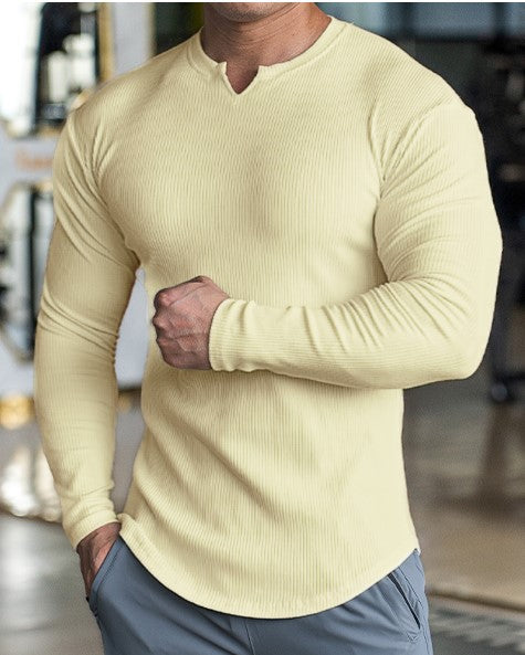 Muscle Fit V-Neck Long Sleeve Cotton Rib Knit Tech T-Shirt - Ahaselected