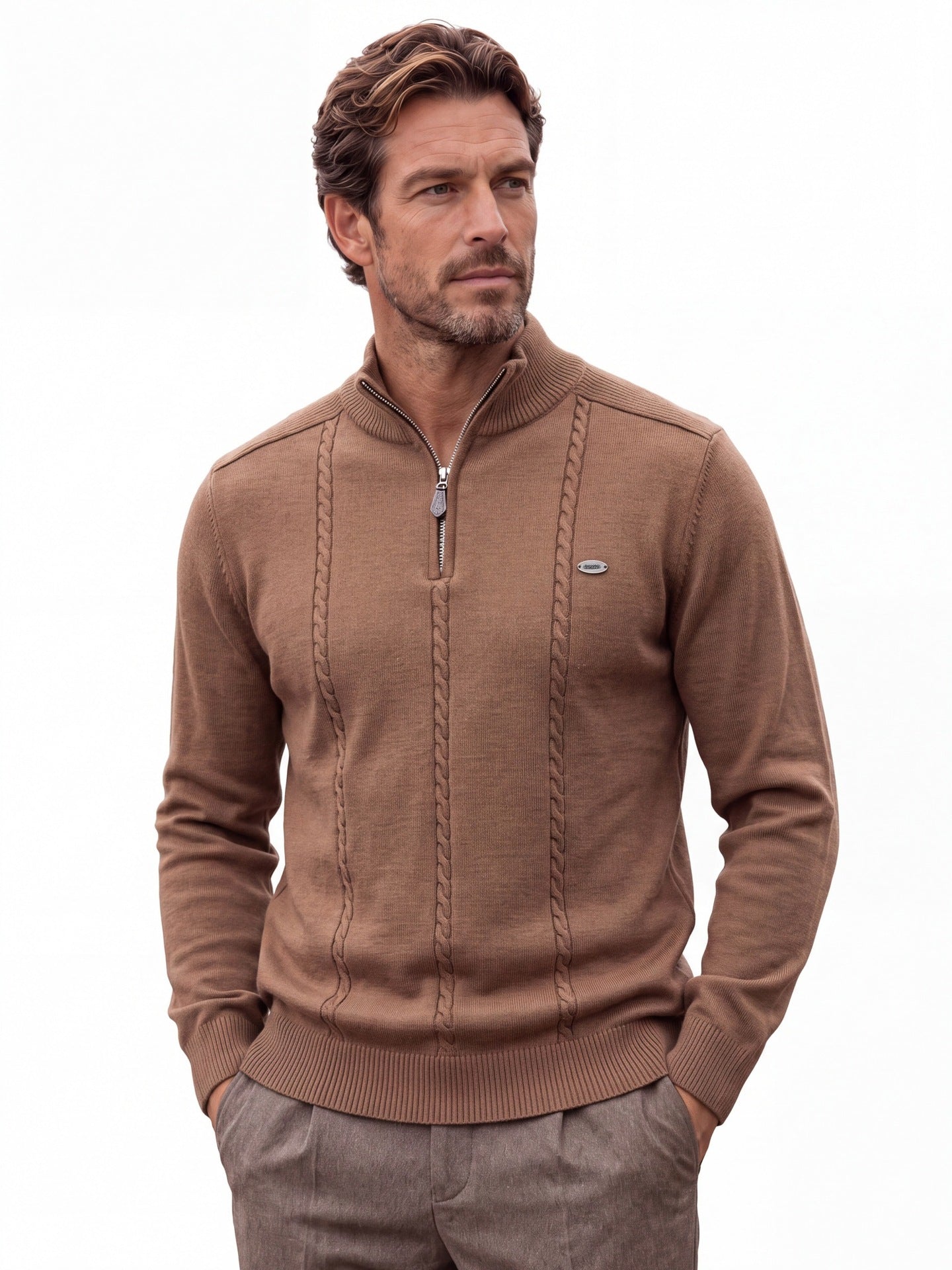 Men's Cotton Cable Knit Quarter Zip Sweater-thumbmail-17