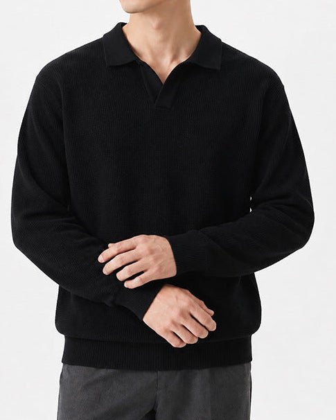 Men’s Textured Knit Open Collar Polo Sweater-thumbmail-3
