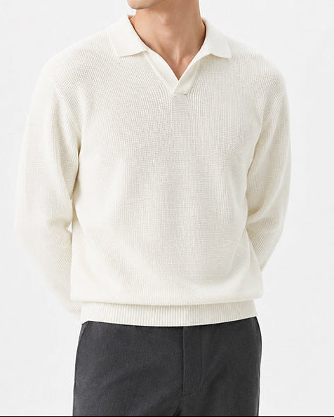 Men’s Textured Knit Open Collar Polo Sweater-thumbmail-4