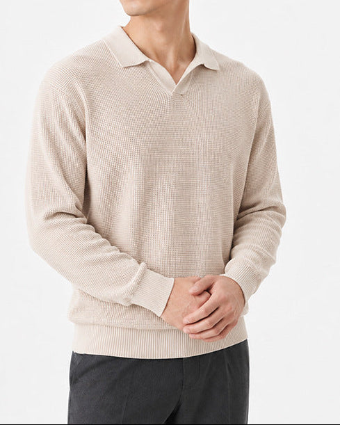 Men’s Textured Knit Open Collar Polo Sweater-thumbmail-5
