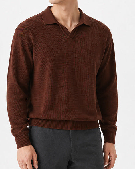 Men’s Textured Knit Open Collar Polo Sweater-thumbmail-6