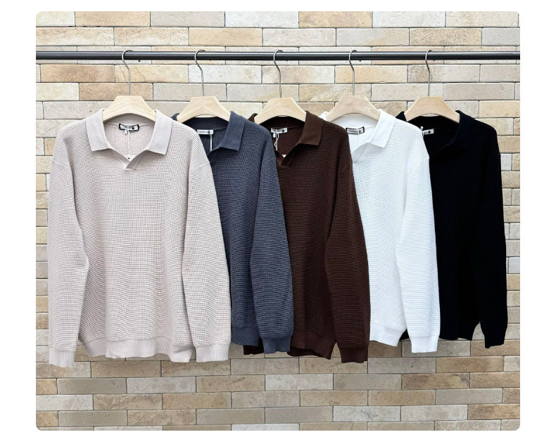 Men’s Textured Knit Open Collar Polo Sweater-thumbmail-24