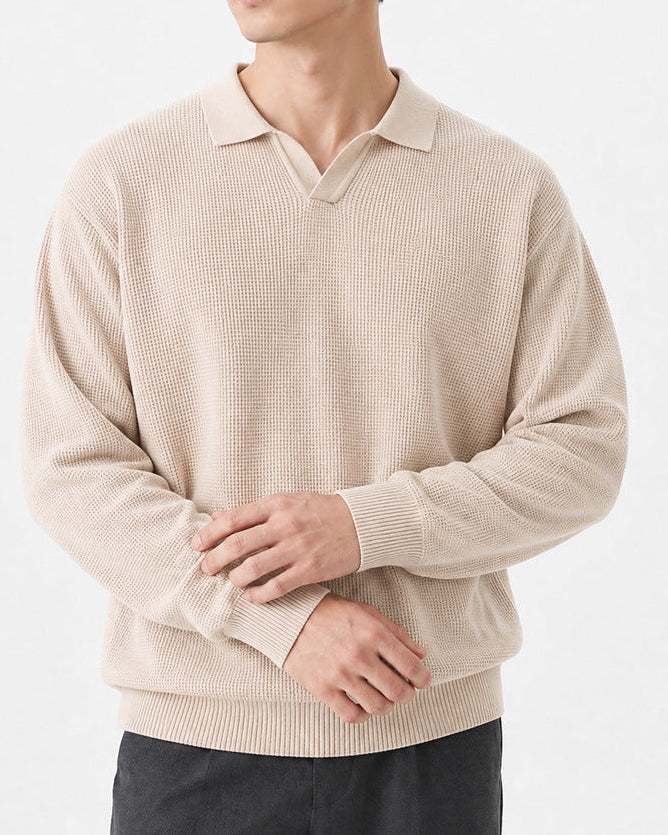 Men’s Textured Knit Open Collar Polo Sweater-thumbmail-9