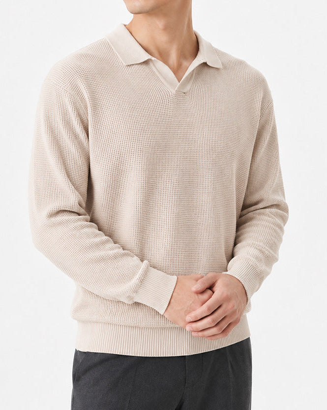 Men’s Textured Knit Open Collar Polo Sweater-thumbmail-10