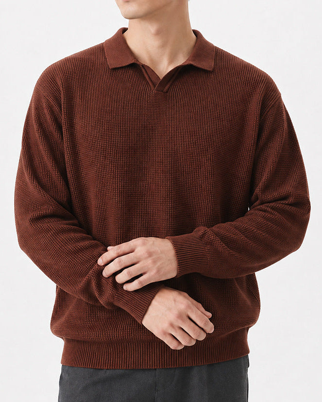 Men’s Textured Knit Open Collar Polo Sweater-thumbmail-12
