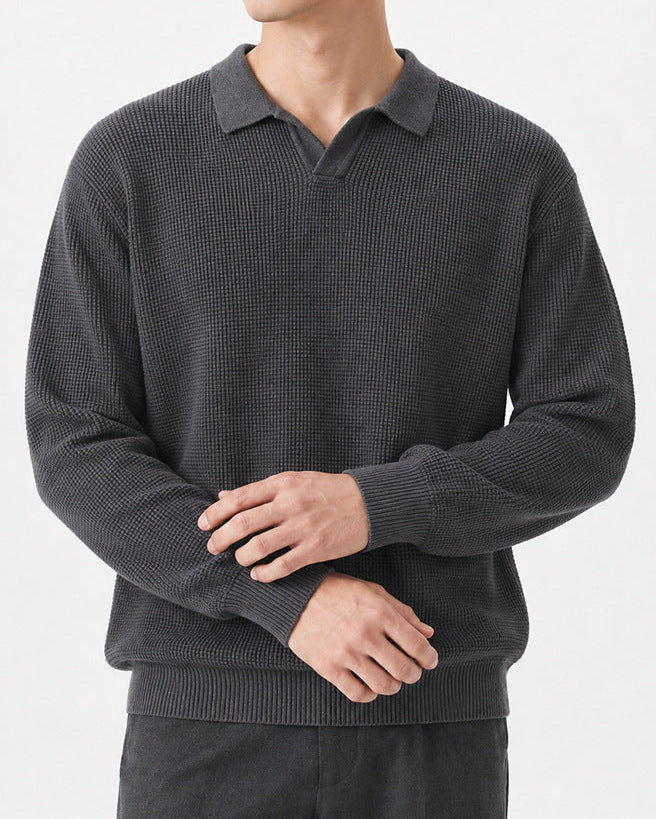 Men’s Textured Knit Open Collar Polo Sweater-thumbmail-15