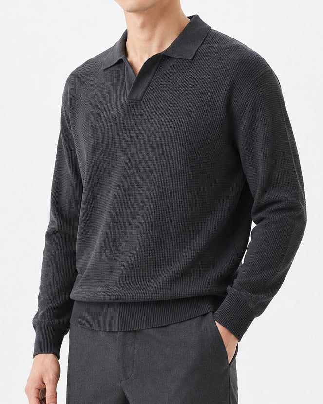 Men’s Textured Knit Open Collar Polo Sweater-thumbmail-16