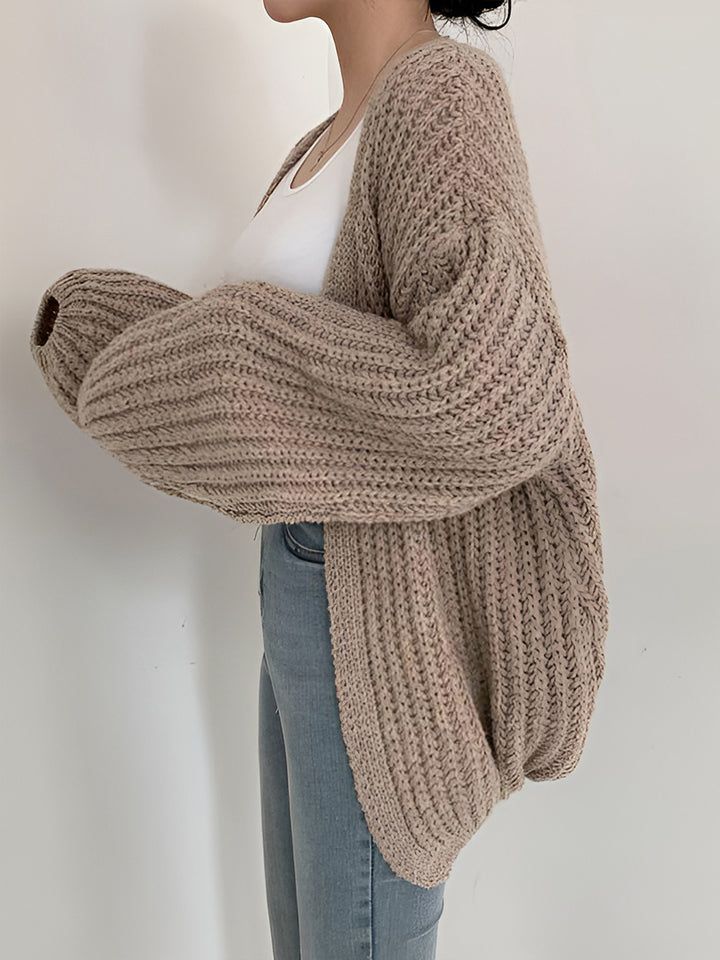 Loose Casual Solid Knit Cardigan With Lantern Sleeves