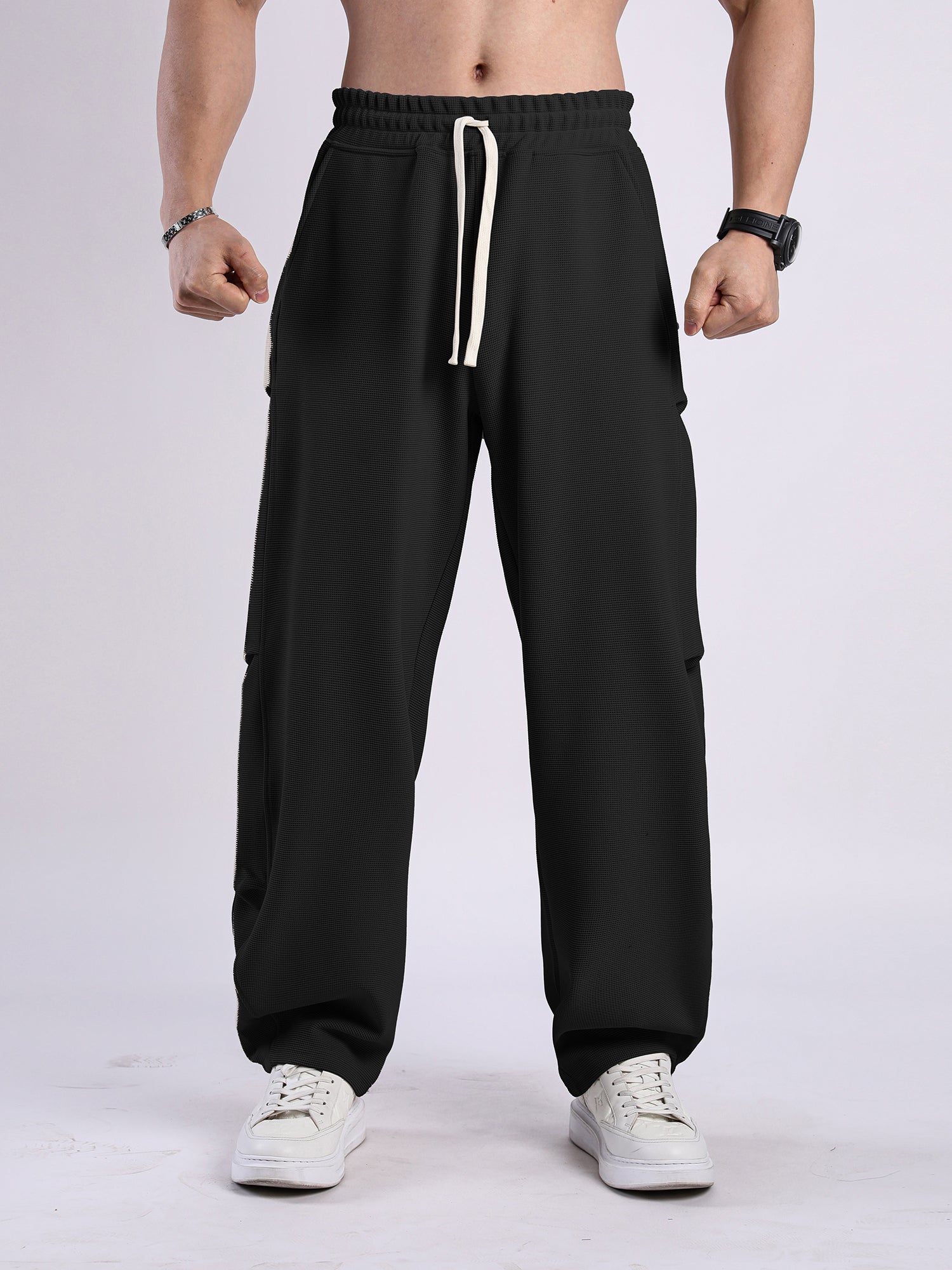 Waffle Texture Wide-Leg Straight Jogger Pants-thumbmail-19