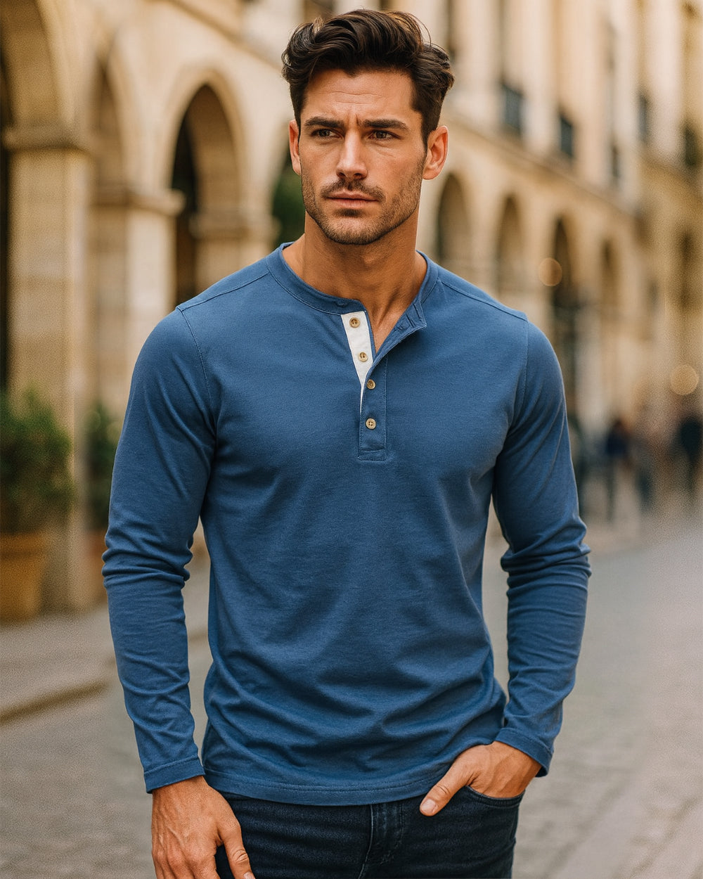 Long Sleeve Cotton Henley Shirt(Final Sale–No Return or Exchange) - Ahaselected