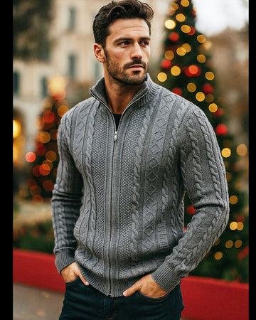 Suéter tipo cárdigan clásico de punto trenzado con cremallera completa para hombre