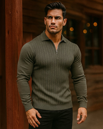 Suéter tipo polo con cremallera y textura para hombre