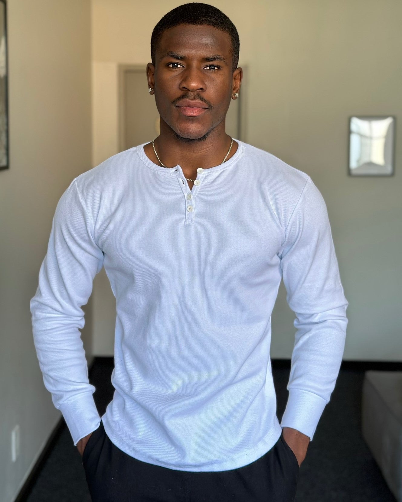 Rib Knit Curved Hem Stretch Long Sleeve Henley Shirt - Ahaselected
