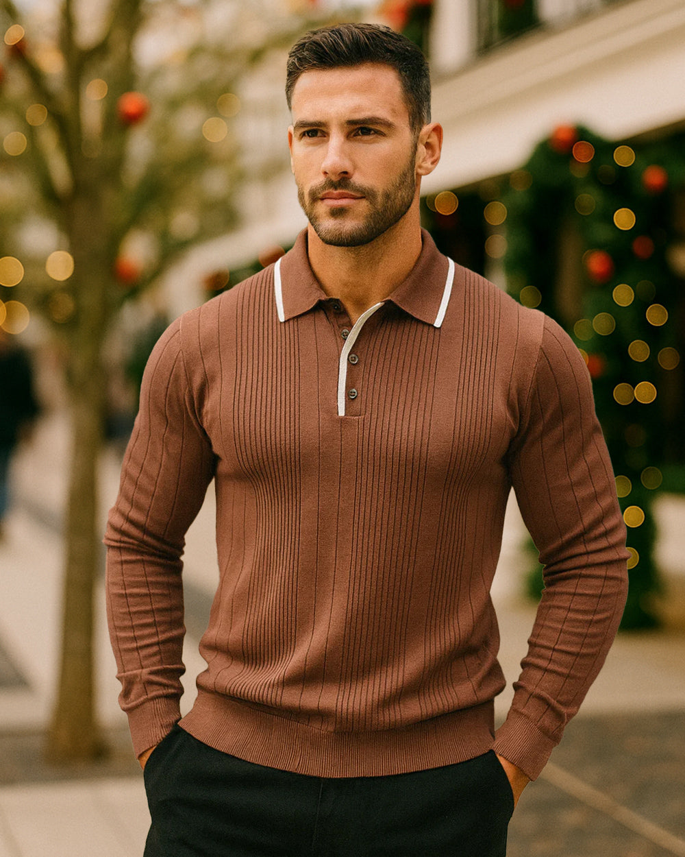 Men’s Ribbed Knit Polo Sweater - Ahaselected