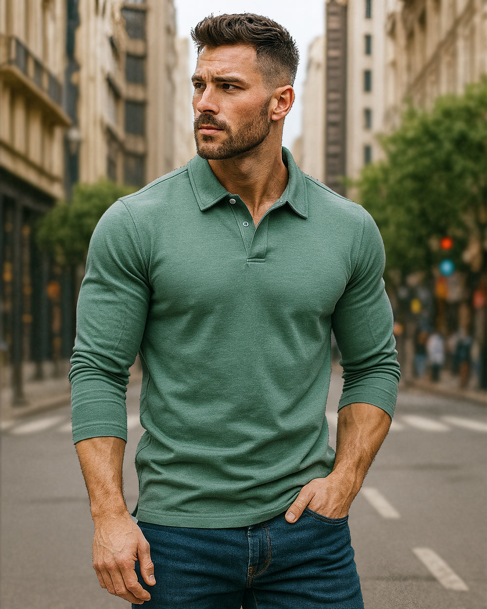 Long Sleeve Cotton Blend Polo Shirt - Ahaselected