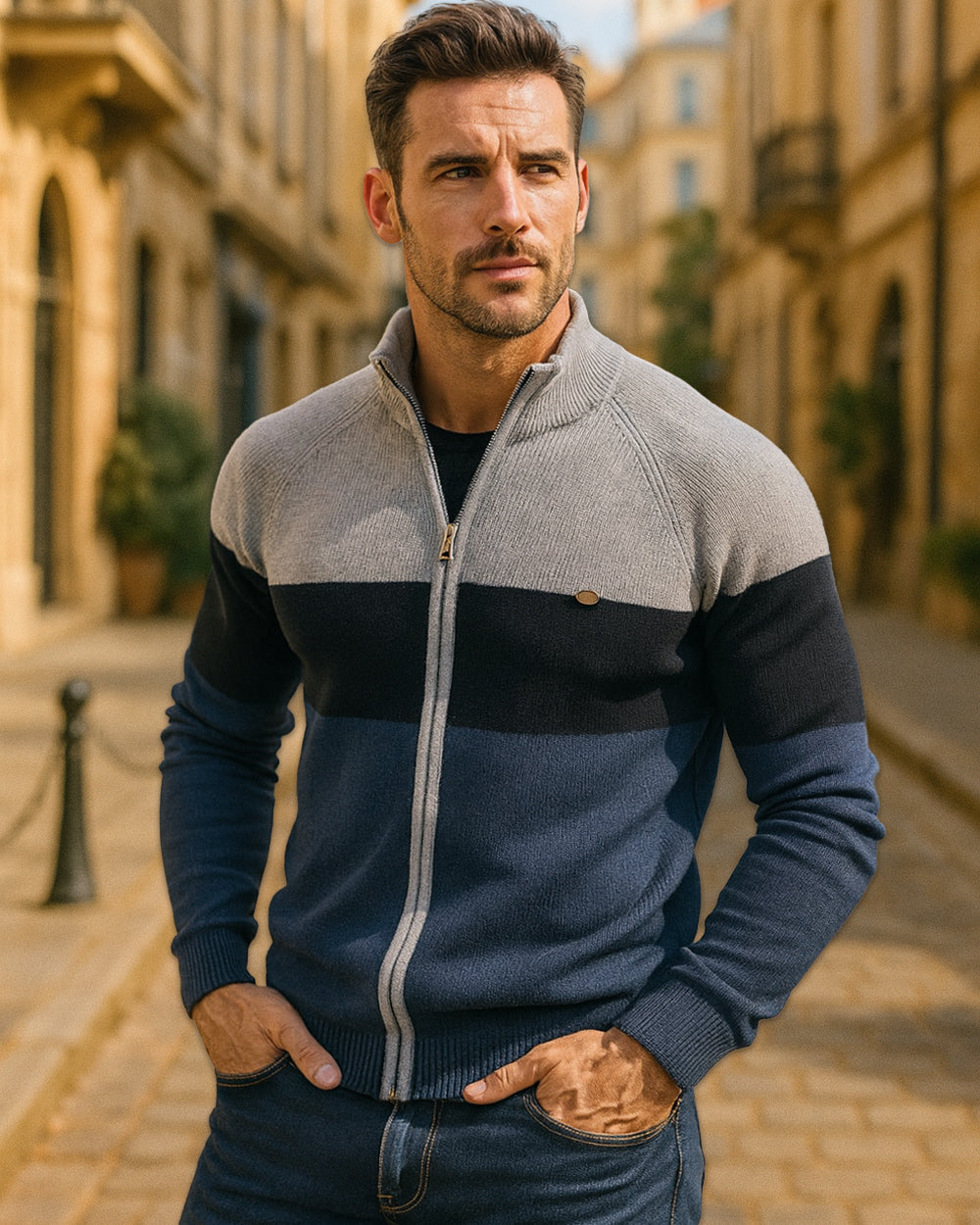 Full-Zip Stand Collar Color Block Cardigan - Ahaselected