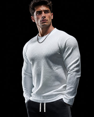 Texture Grid Crewneck Pullover Long Sleeve Shirt