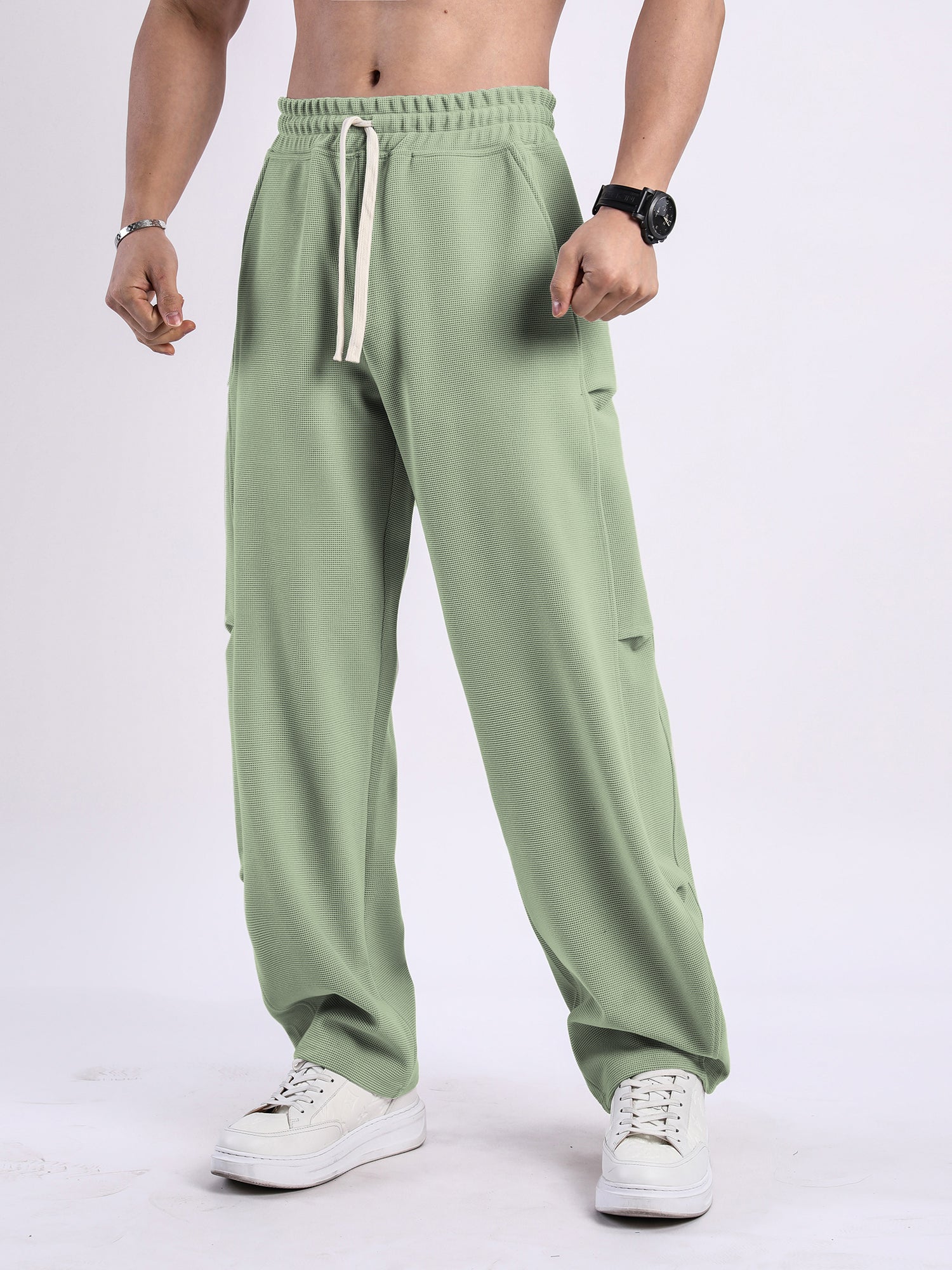 Waffle Texture Wide-Leg Straight Jogger Pants-thumbmail-14