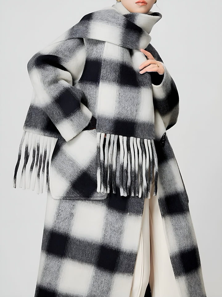 Sophisticated Horn-Style Buttons Checkered Overcoat with Scarf