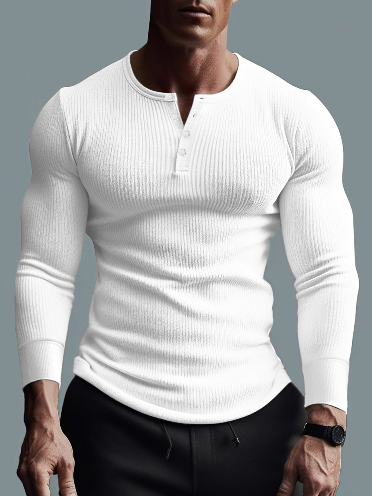 Rib Knit Curved Hem Long Sleeve Henley Shirt - Ahaselected