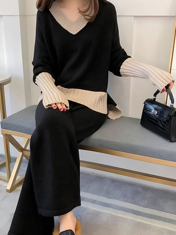 Colorblock Sweater & Casual Wide-leg Pants Two-piece Set