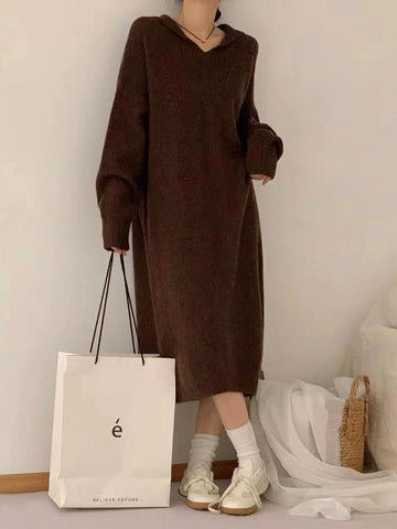 Round Neck Lapel Solid Color Cozy Street Style Long Sweater Dress