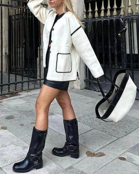 Vintage Loose Colorblock Button-up Coat with Pocket