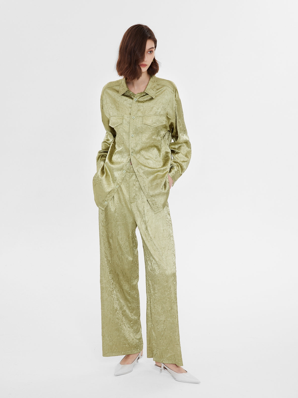 Textured Satin Pleated Wide Leg Pants - Ahaselected