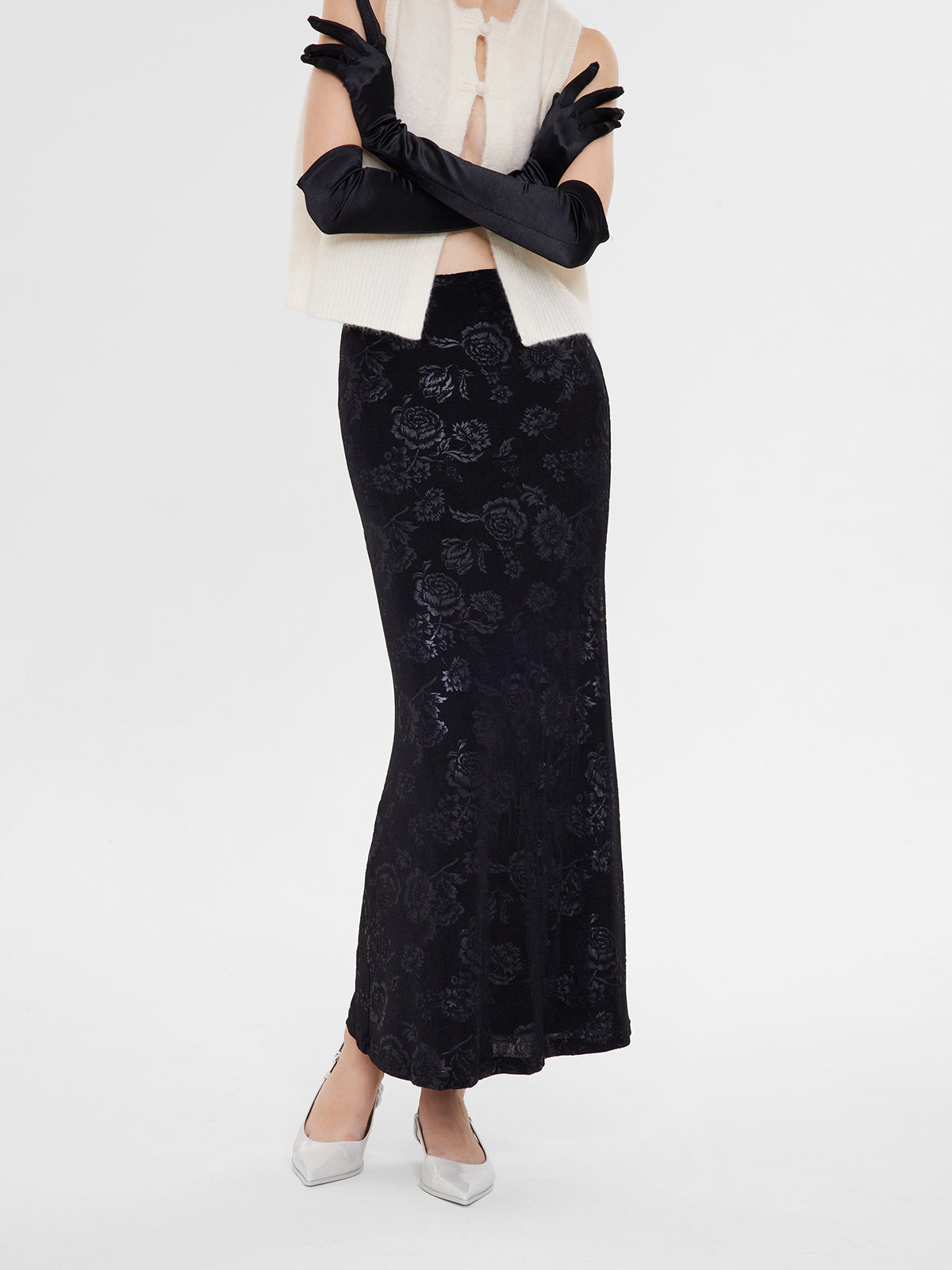 Knitted Floral Pattern Fishtail Long Skirt - Ahaselected