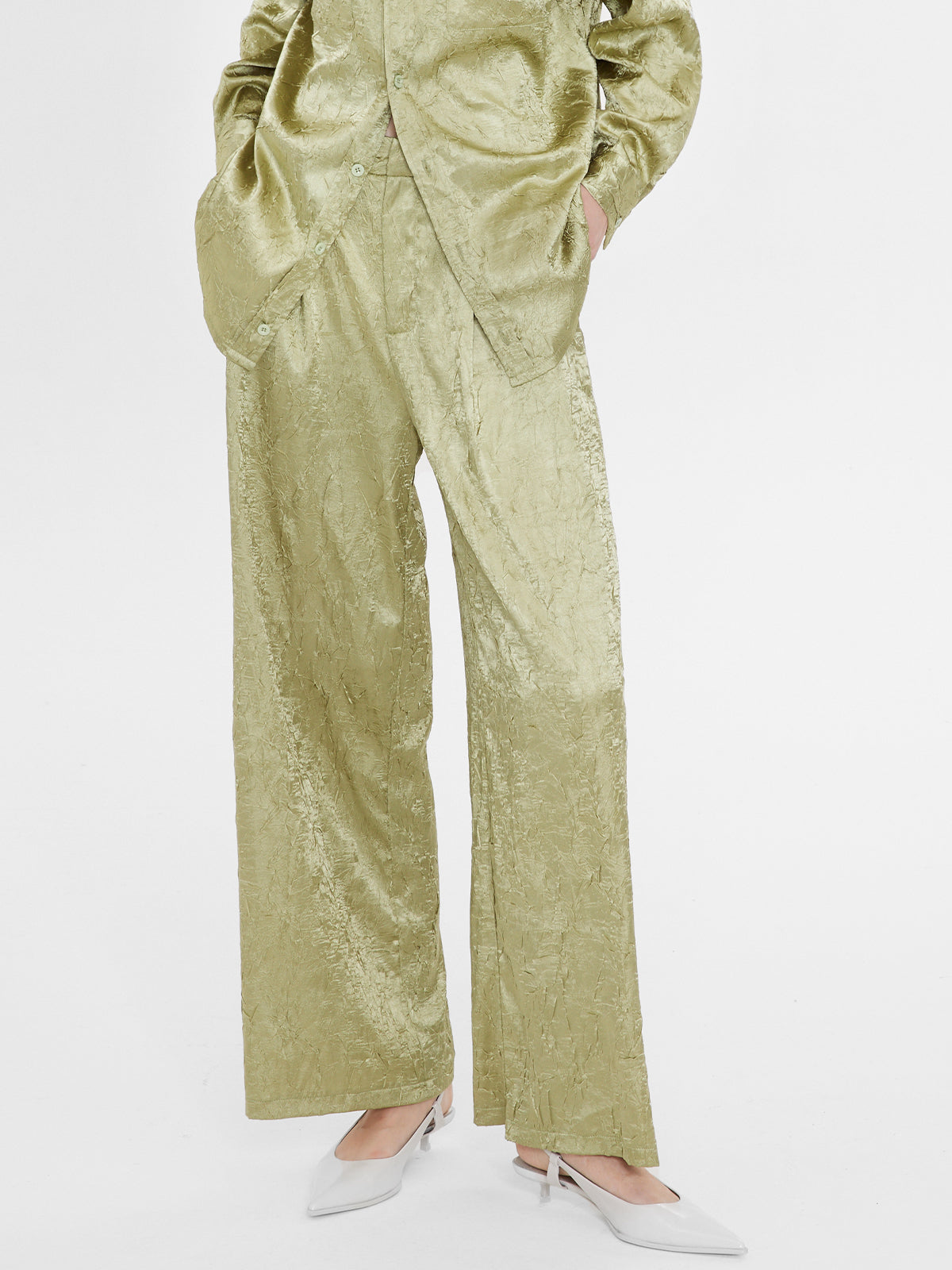 Textured Satin Pleated Wide Leg Pants - Ahaselected
