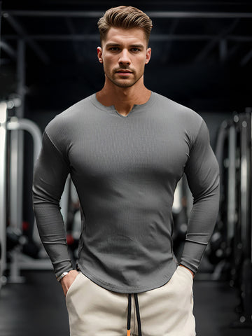 Muscle Fit V-Neck Long Sleeve Cotton Rib Knit T-Shirt