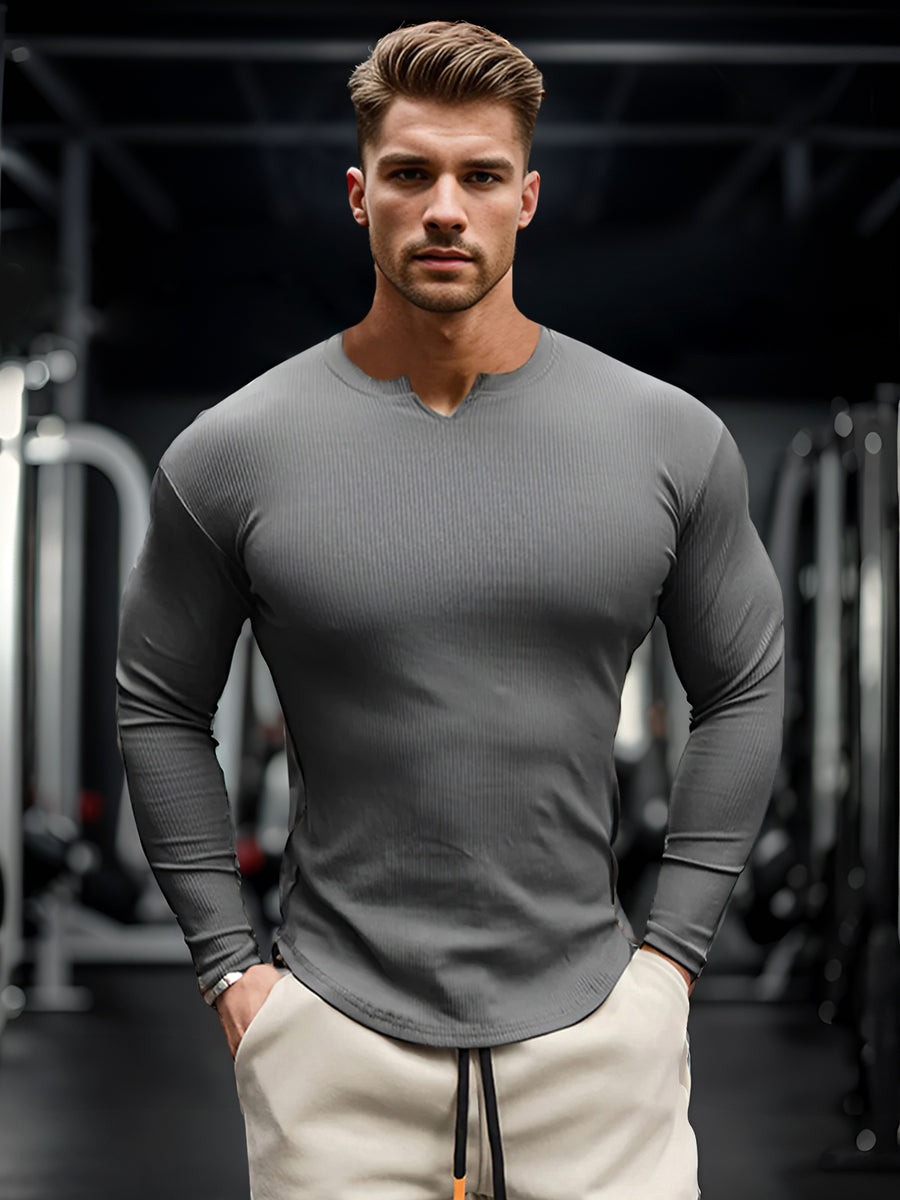 Muscle Fit V-Neck Long Sleeve Cotton Rib Knit T-Shirt | Ahaselected