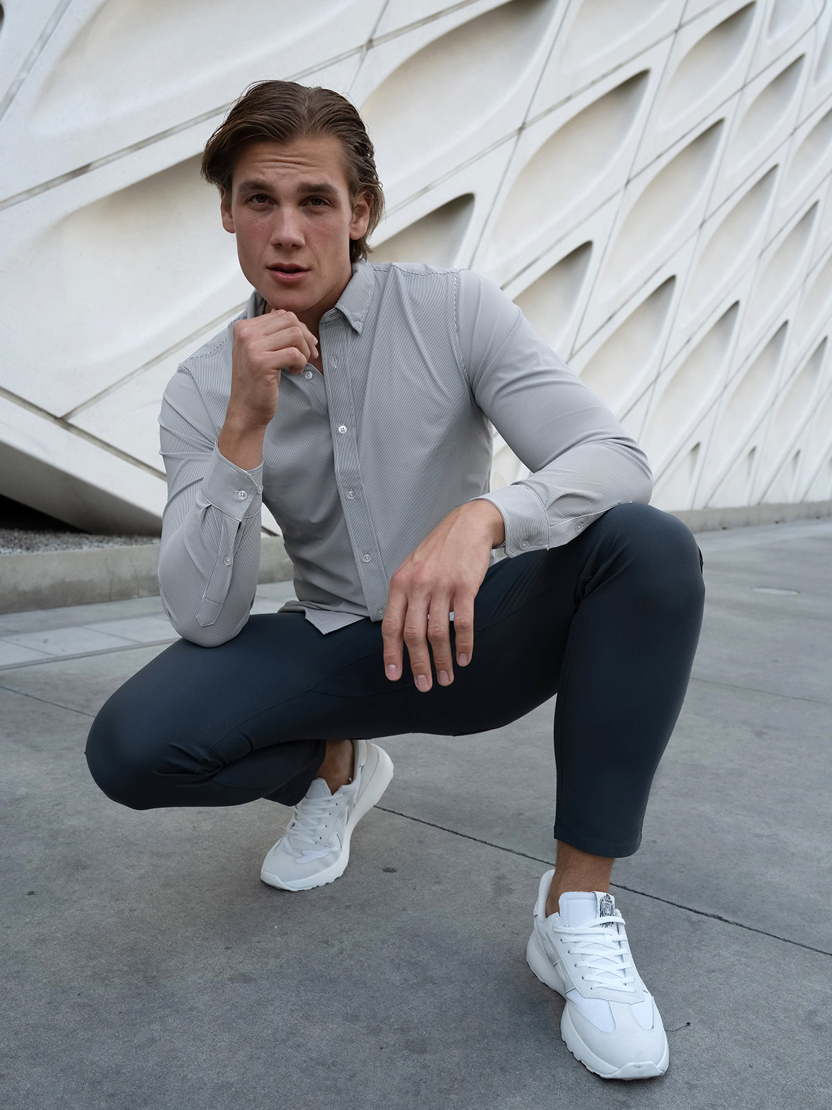 Commuter Performance Dress Shirt-Grey/White Stripe - Ahaselected