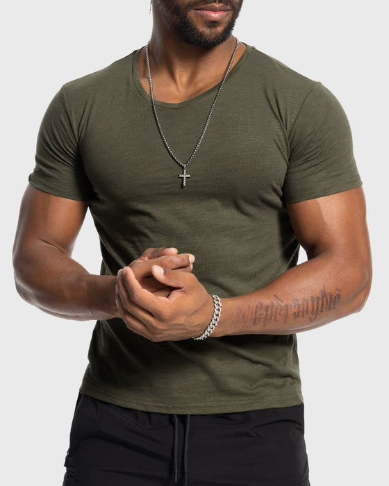 Slub V-neck Stretch T-shirt - Ahaselected