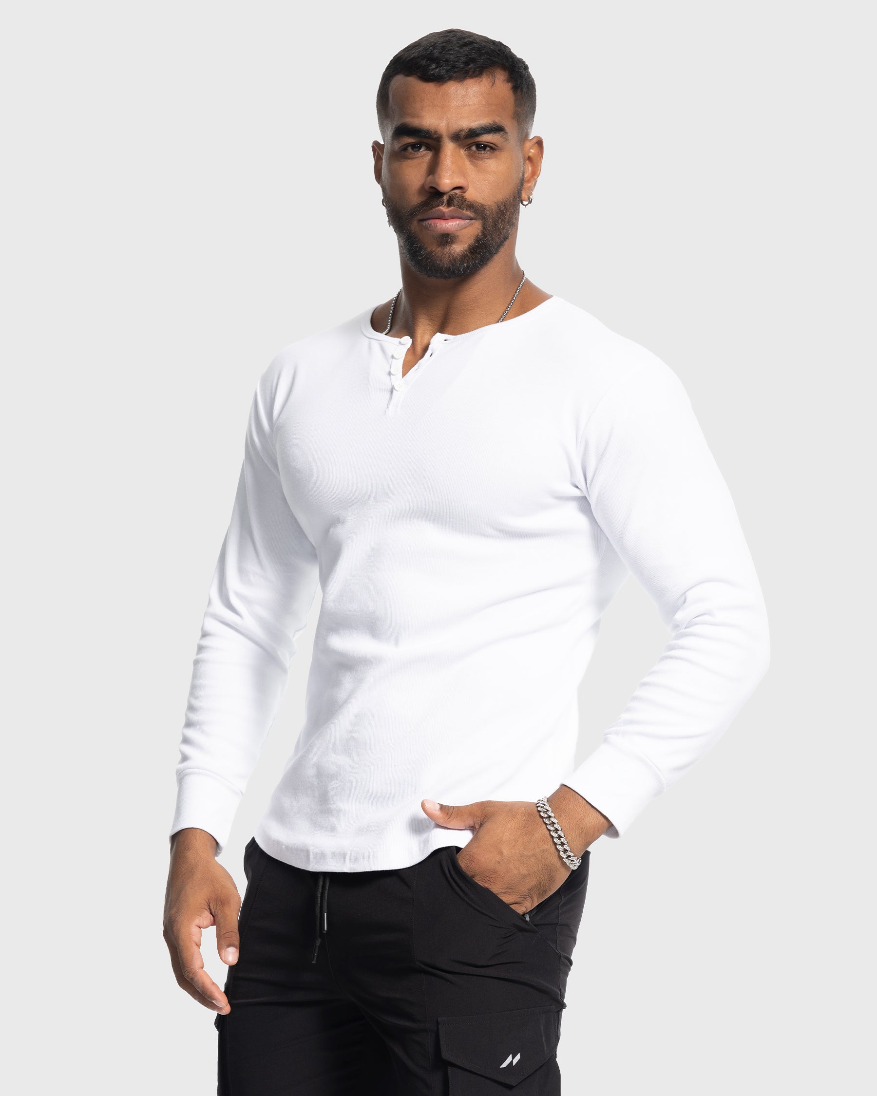 Rib Knit Curved Hem Long Sleeve Henley Shirt - Ahaselected
