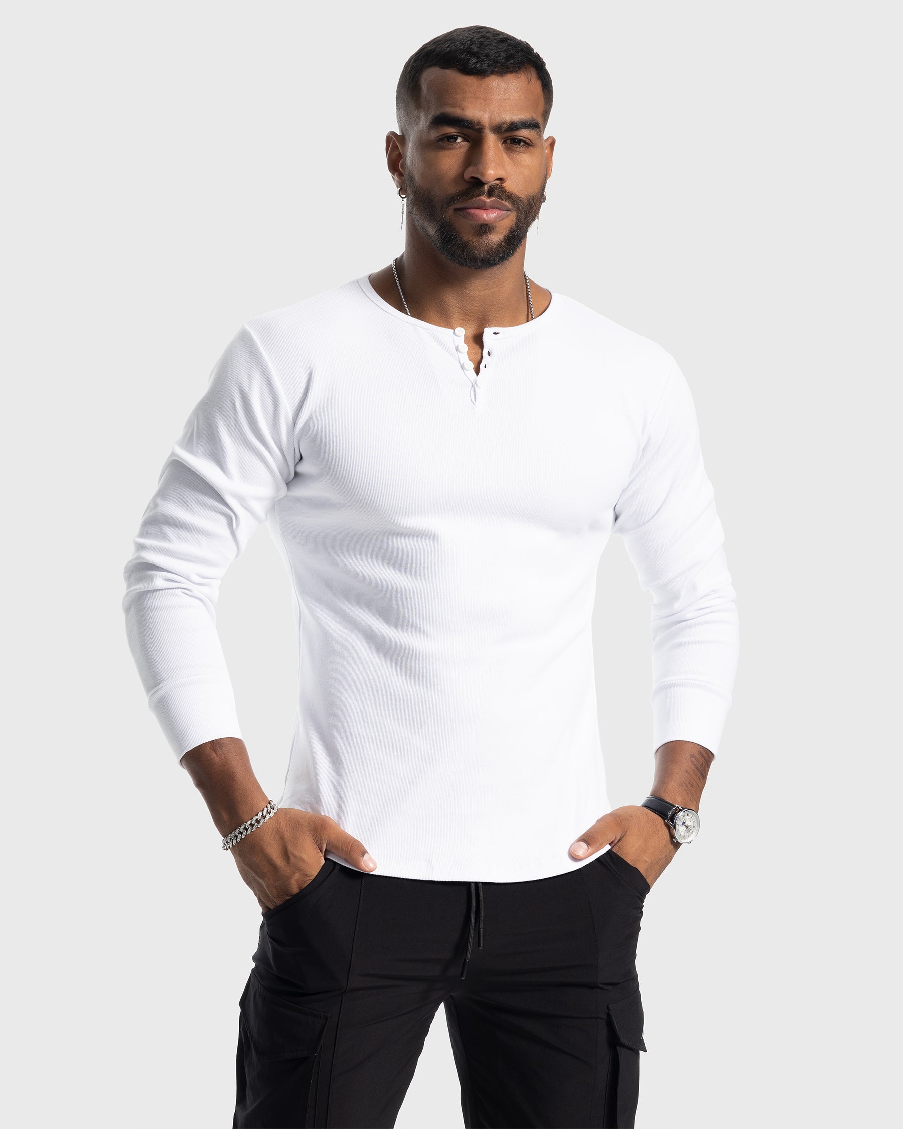 Rib Knit Curved Hem Long Sleeve Henley Shirt - Ahaselected
