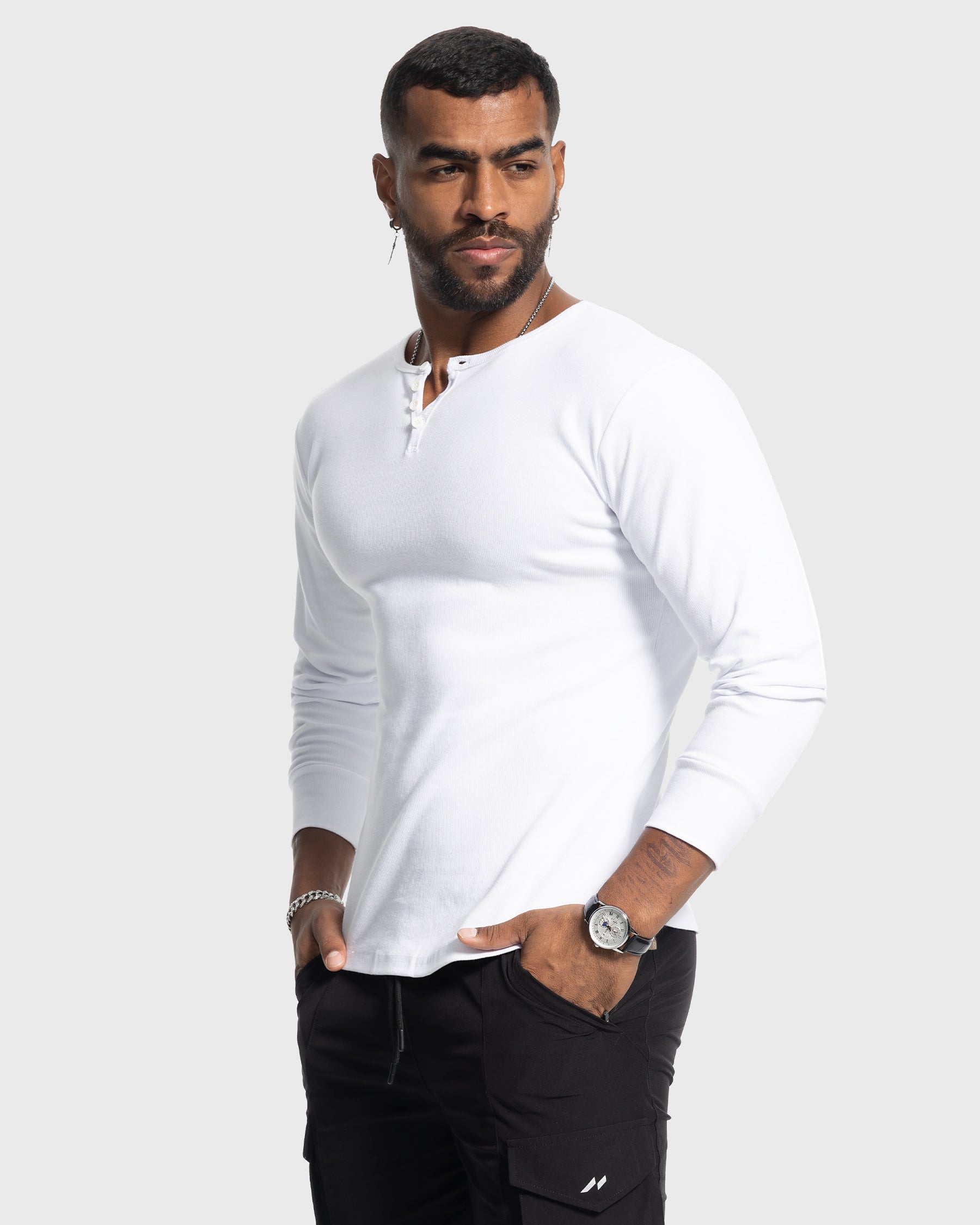 Rib Knit Curved Hem Long Sleeve Henley Shirt - Ahaselected
