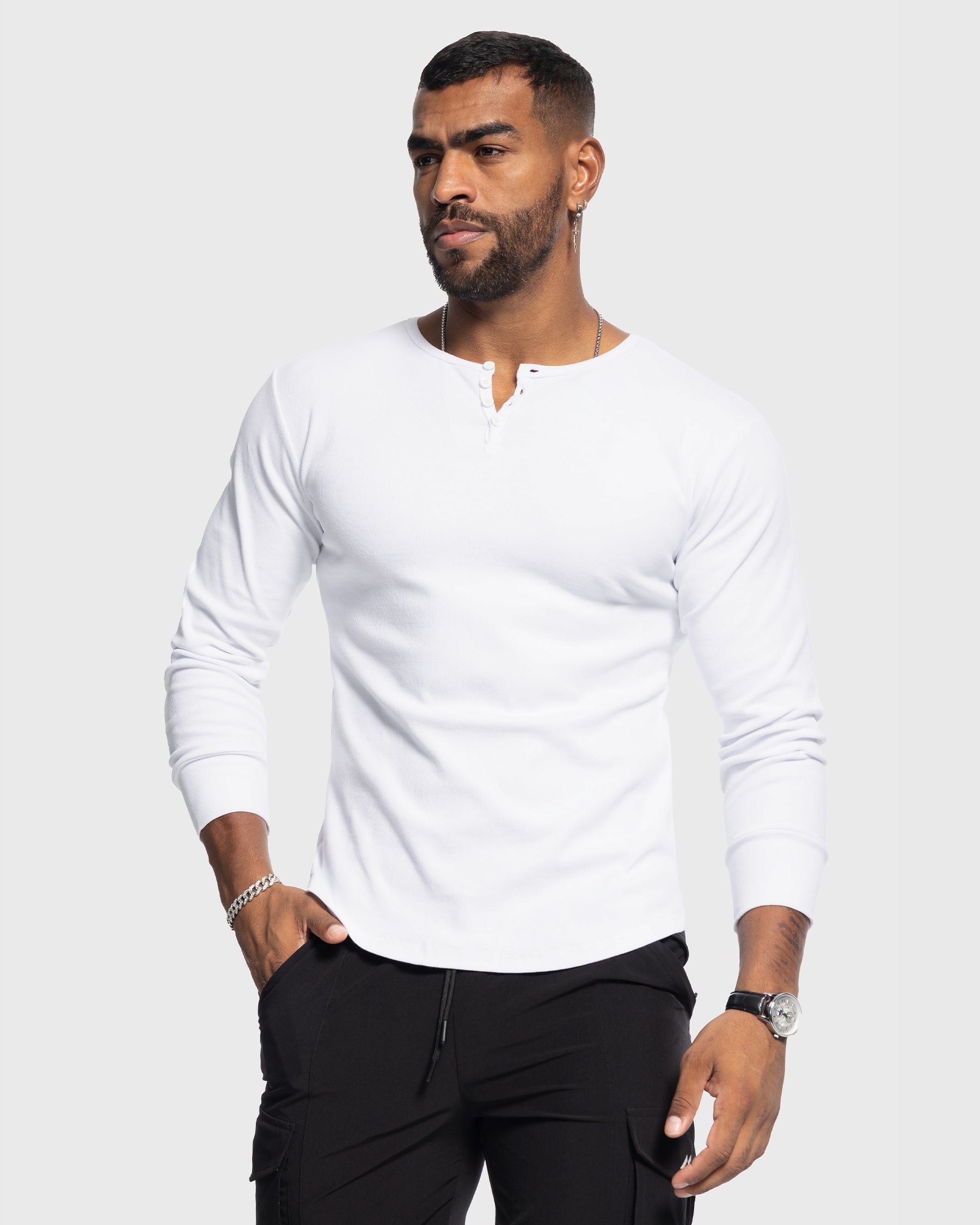 Rib Knit Curved Hem Long Sleeve Henley Shirt - Ahaselected