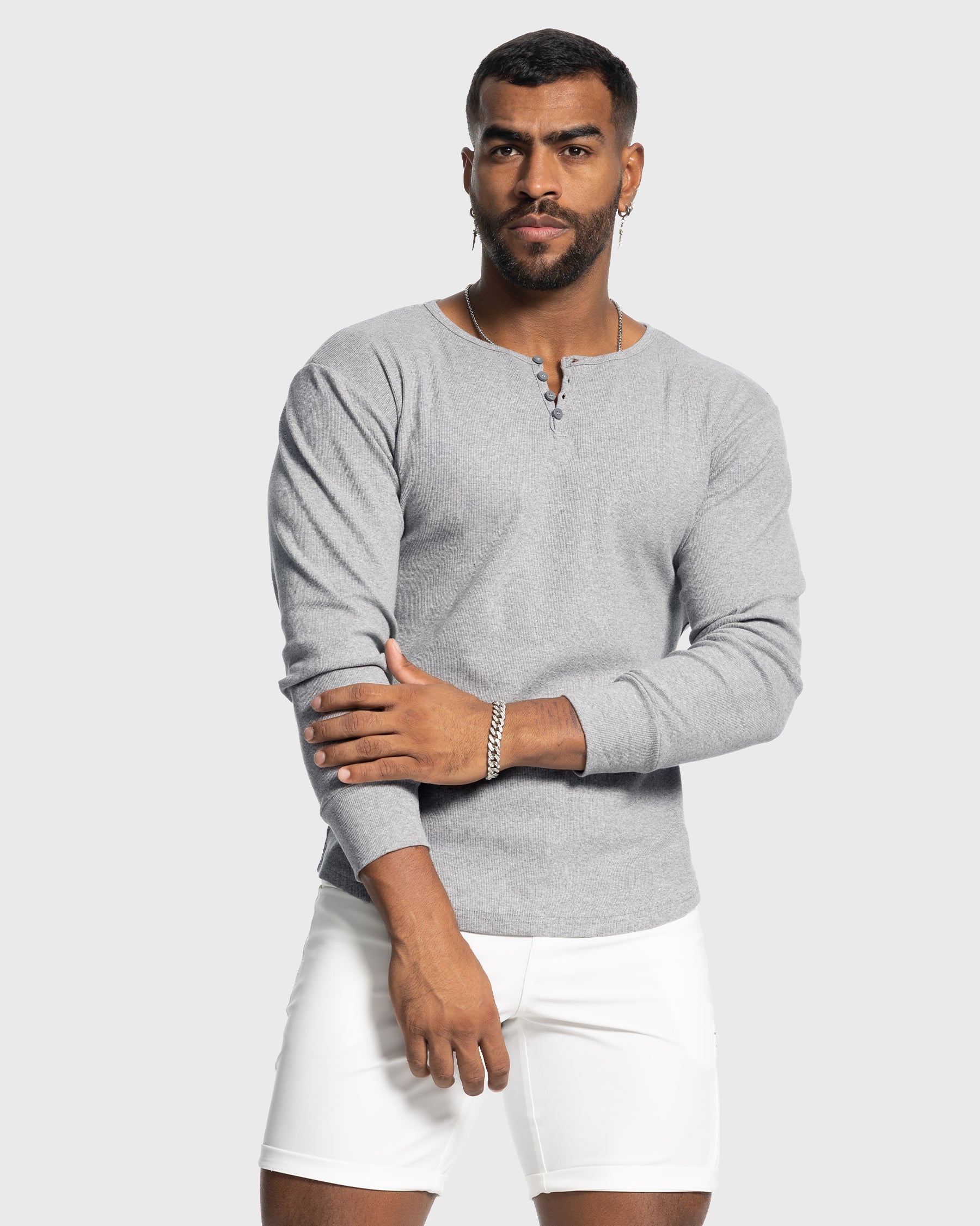 Rib Knit Curved Hem Long Sleeve Henley Shirt - Ahaselected