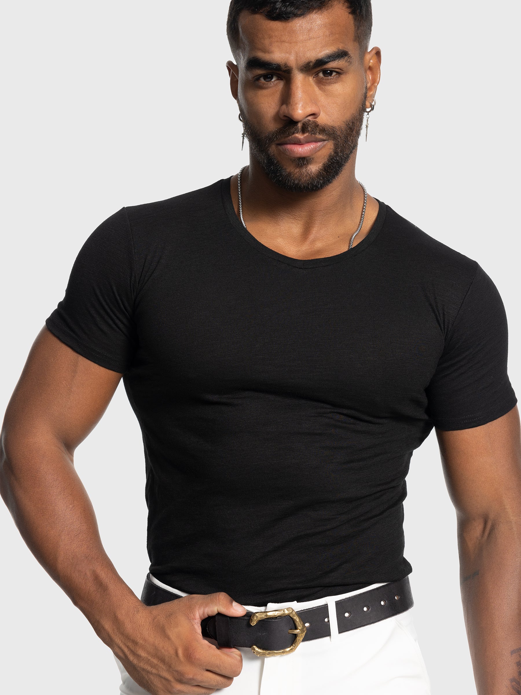 Slub V-neck Stretch T-shirt - Ahaselected