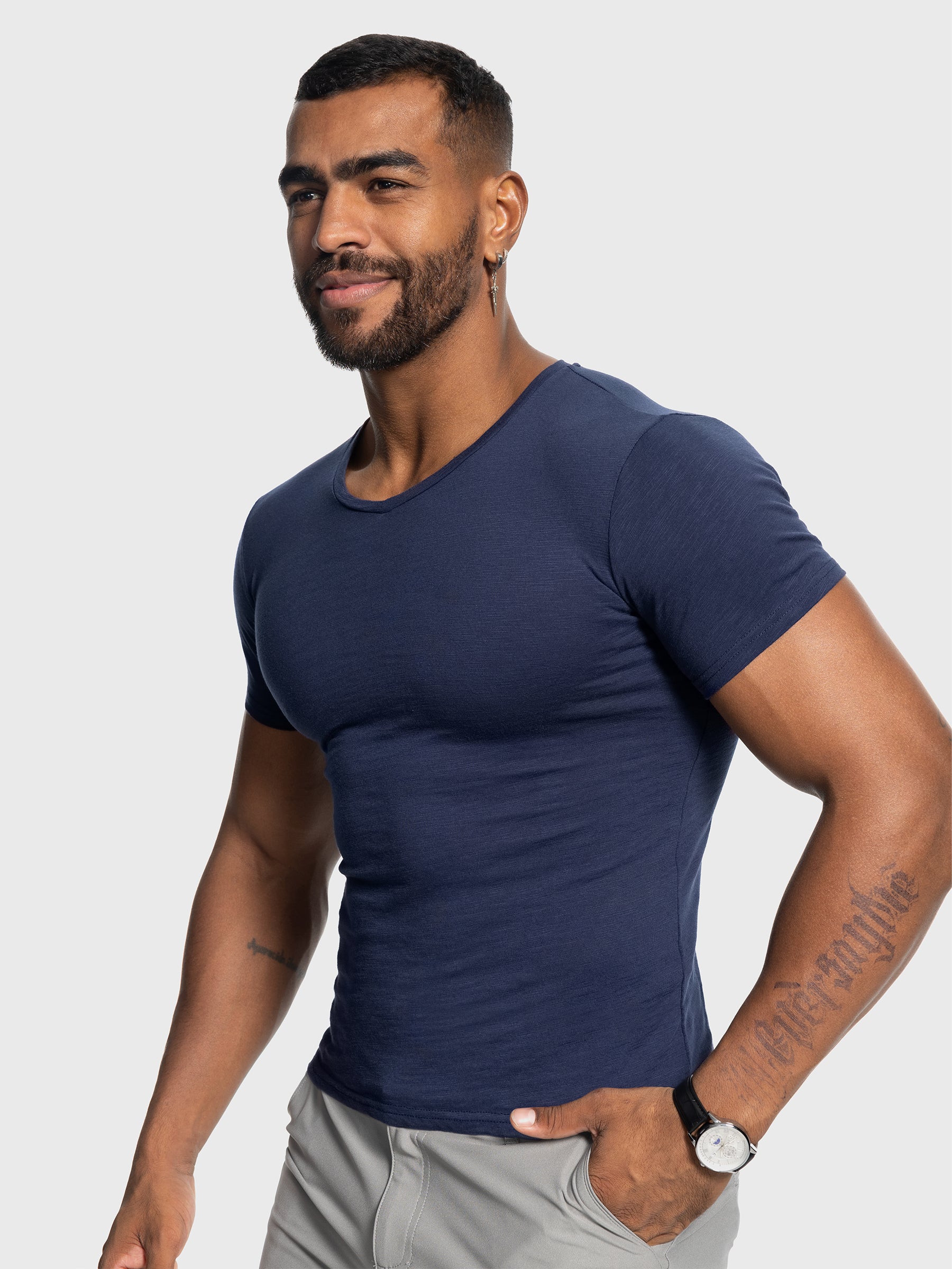 Slub V-neck Stretch T-shirt - Ahaselected