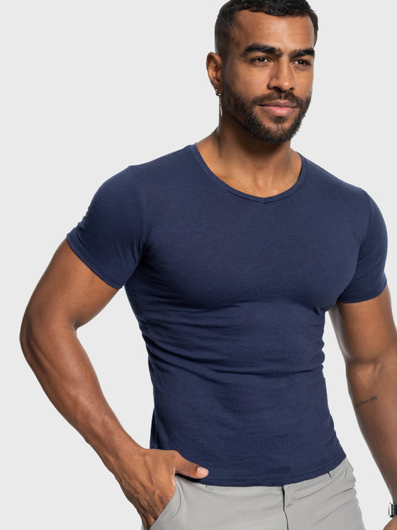 Slub V-neck Stretch T-shirt - Ahaselected