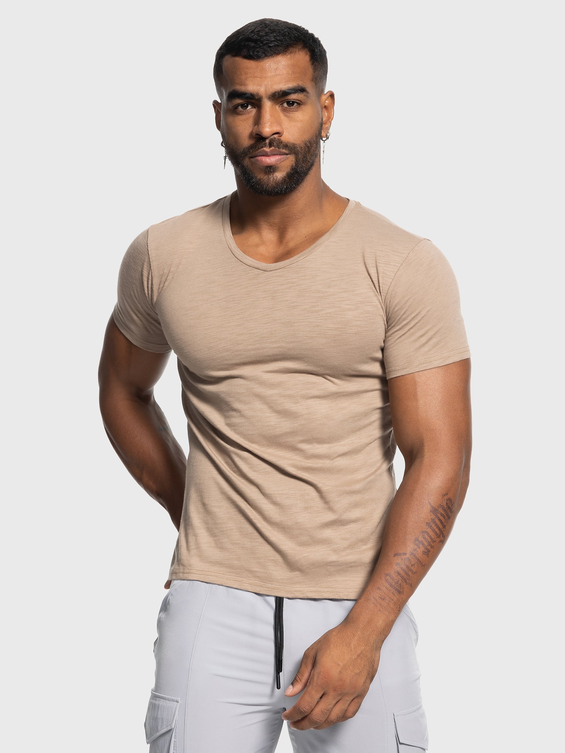 Slub V-neck Stretch T-shirt - Ahaselected