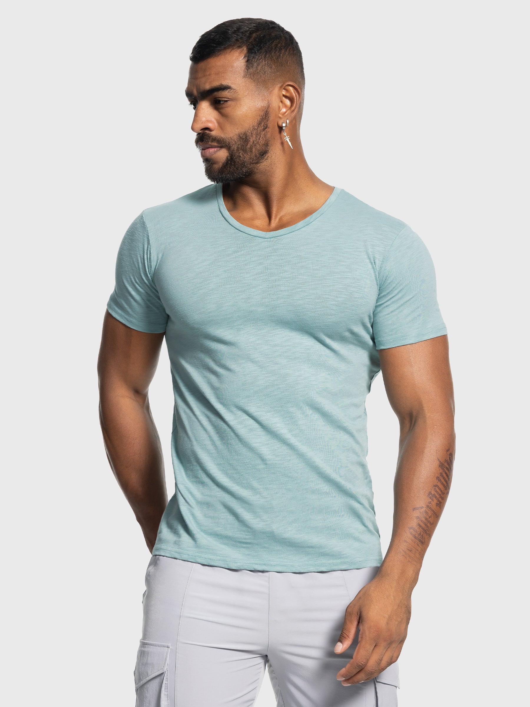 Slub V-neck Stretch T-shirt - Ahaselected