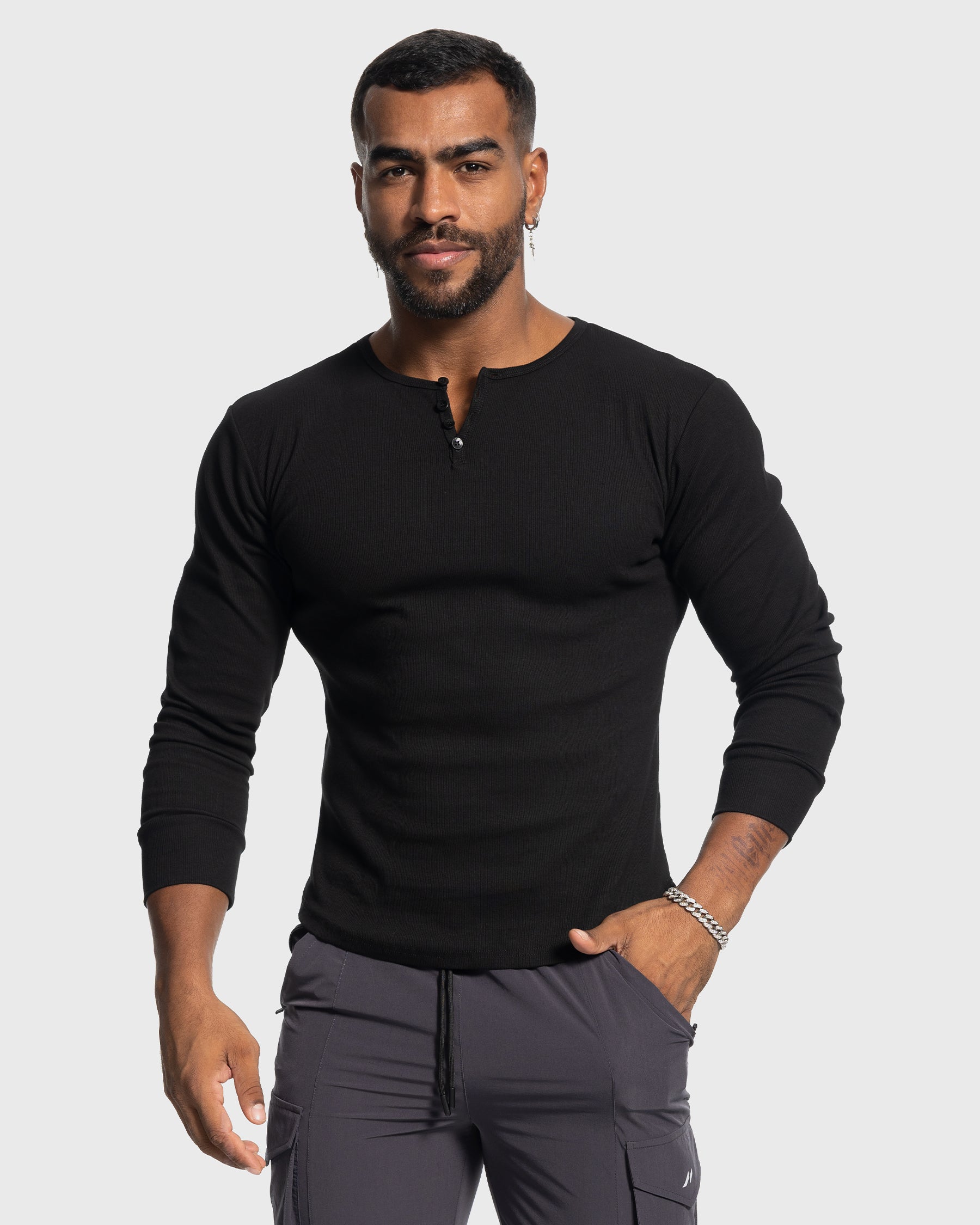 Rib Knit Curved Hem Long Sleeve Henley Shirt - Ahaselected