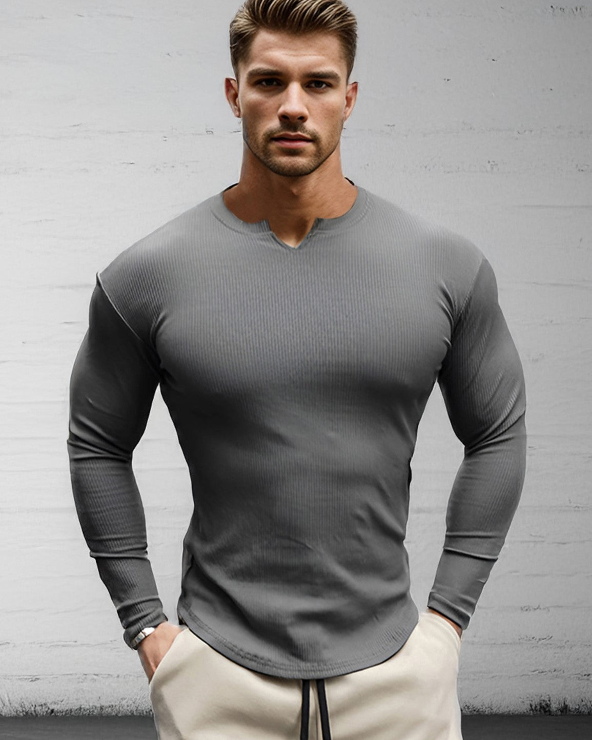Muscle Fit V-Neck Long Sleeve Cotton Rib Knit Tech T-Shirt - Ahaselected