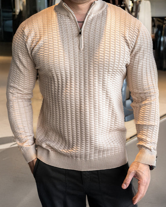 Wheat Textured Quarter Zip Pullover Sweater - Ahaselected