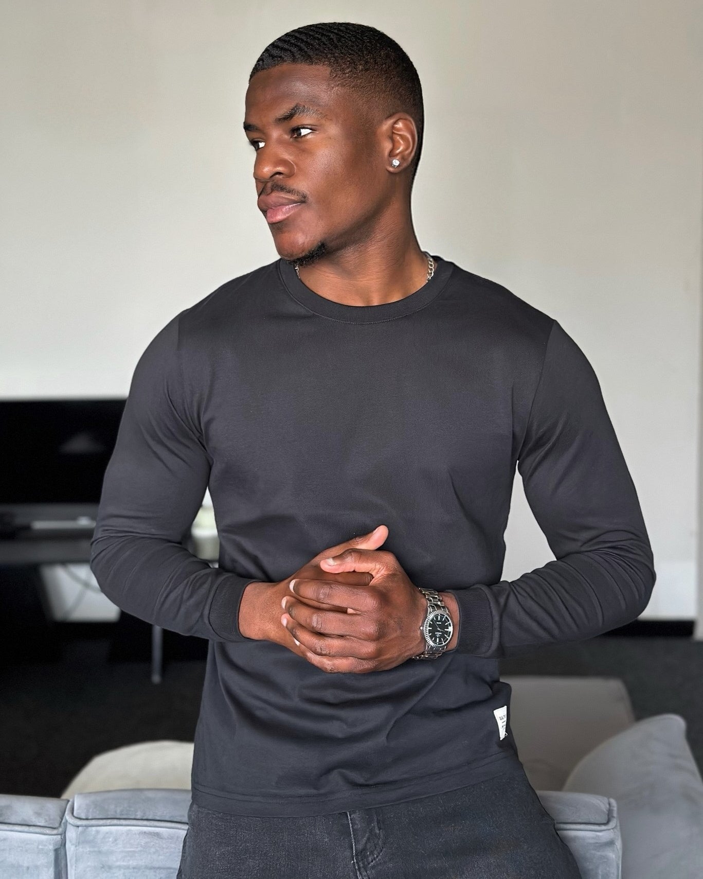 Crew neck Long Sleeve Cotton T-Shirt - Ahaselected