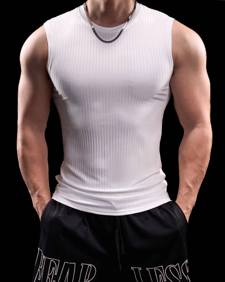 High Stretch Ribbed Stripe Crew Neck Vest - Ahaselected